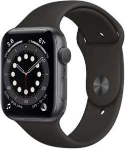 Apple Watch Series 6 44mm vesm&iacute;rně &scaron;ed&yacute; hlin&iacute;k s čern&yacute;m sportovn&iacute;m řem&iacute;nkem