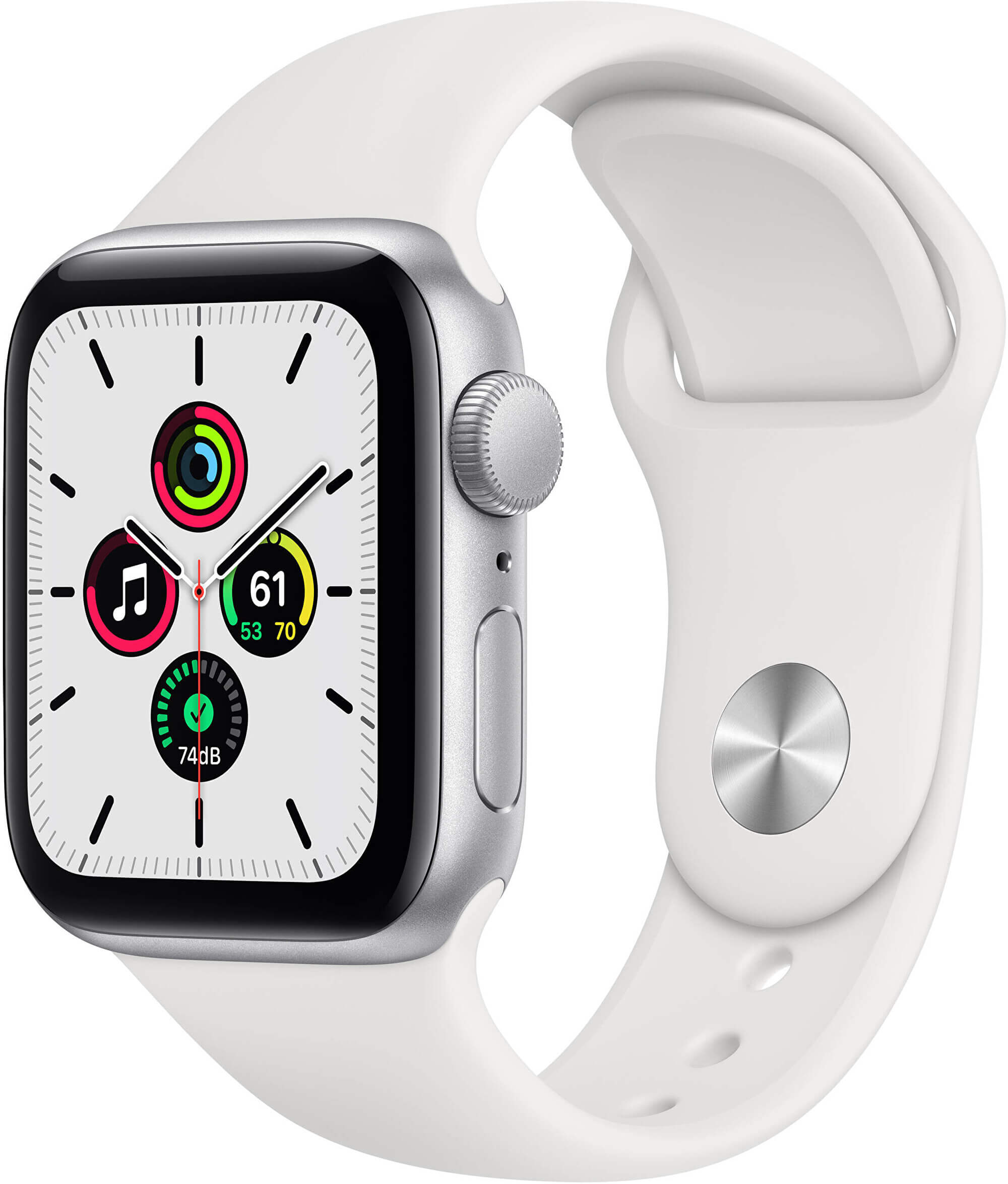 Apple Watch Series SE 44mm stříbrný hliník s bílým sportovním řemínkem