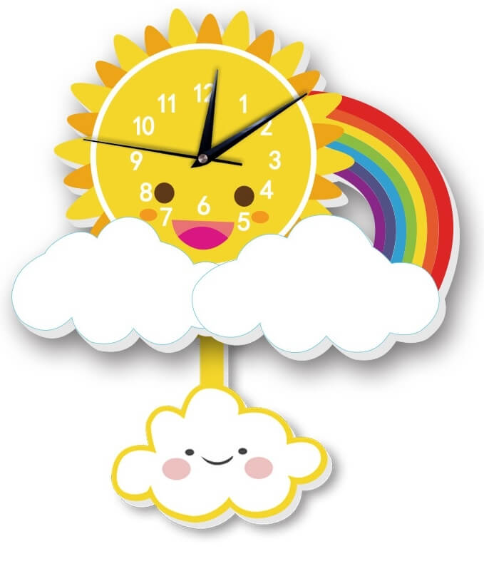 WeTime Nástěnné dřevěné hodiny - Sluníčko s duhou